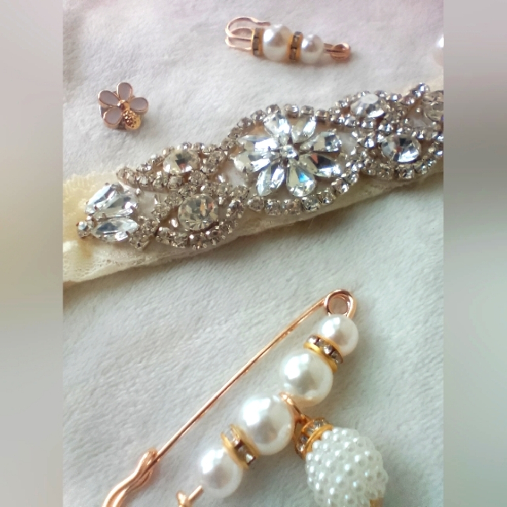 Vintage Ivory Crystal Pearl Lace Non-slip Wedding Garter Pin Barrett Bundle Set - Picture 7 of 13